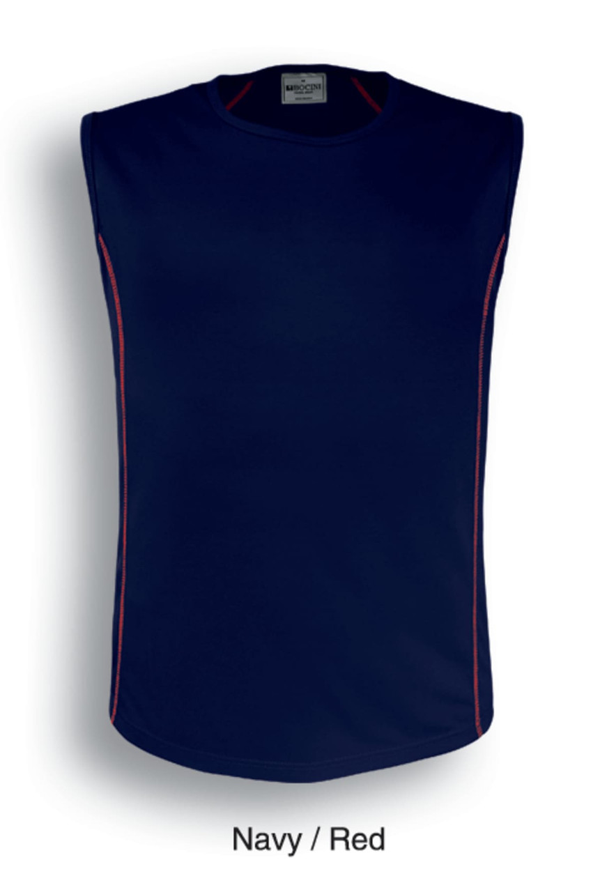 A navy and red sleeveless tank top with a logo on the upper front.