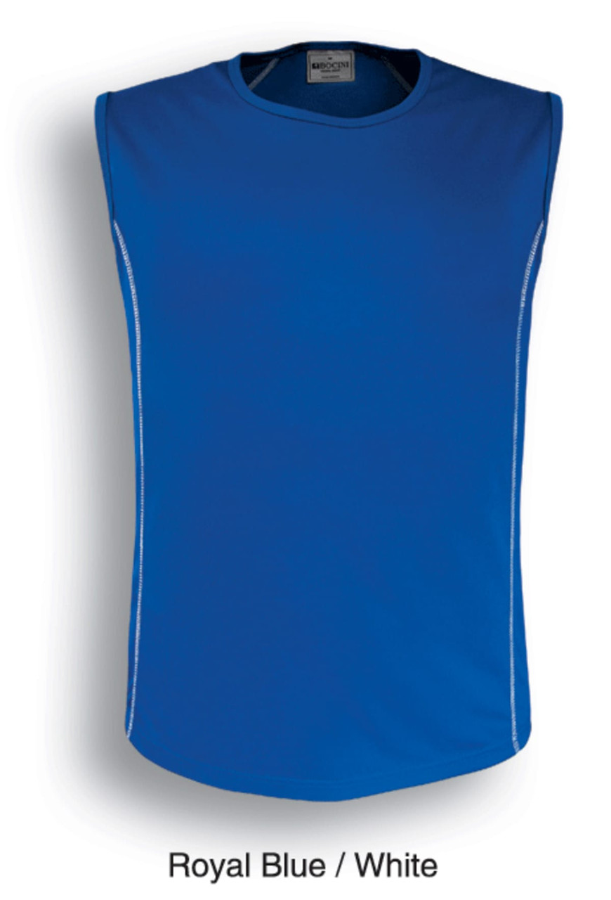 A royal blue tank top with white accents and sleeveless design. It features a logo on the front.