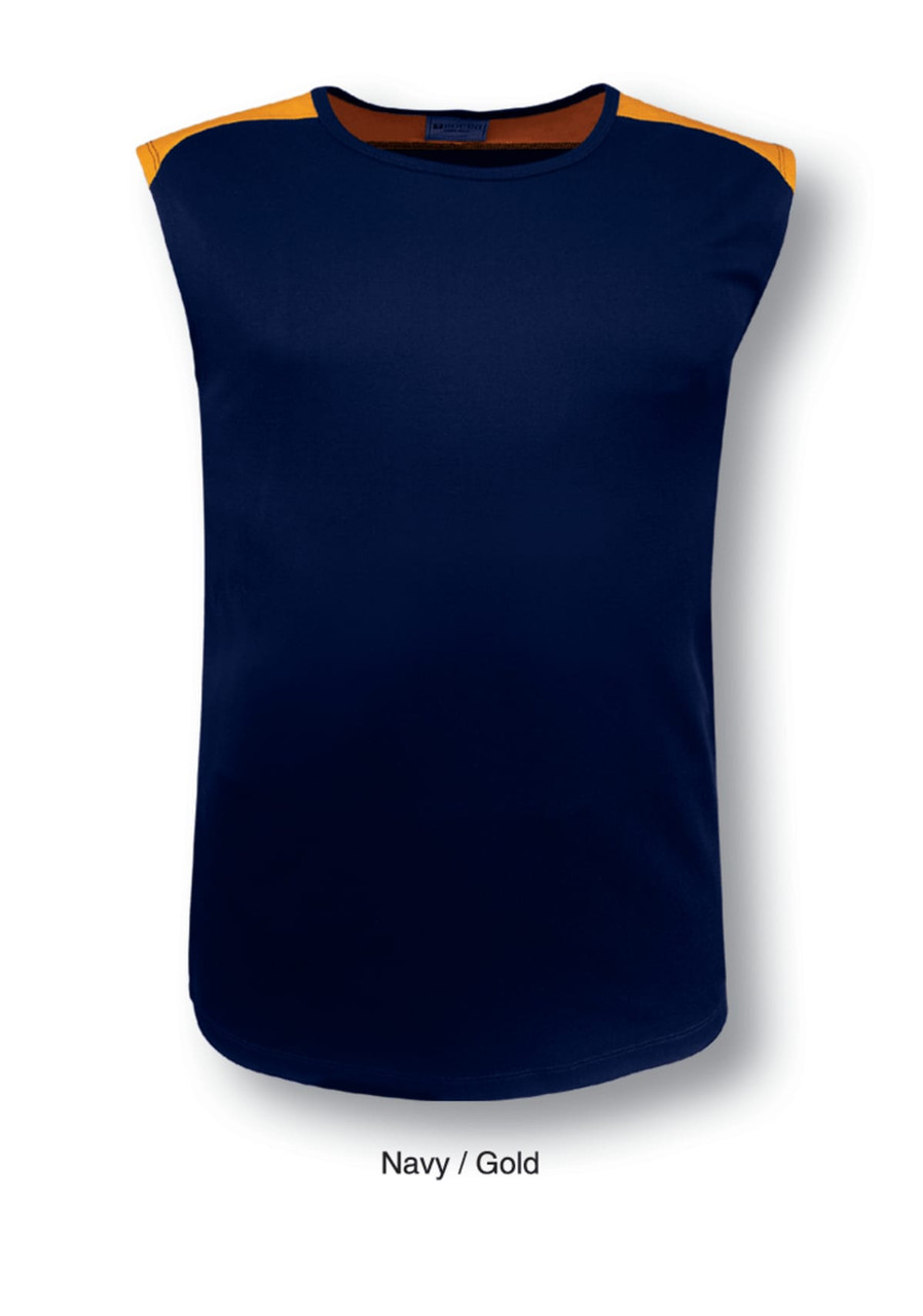 A navy and gold tank top featuring contrasting shoulder details, with a rounded hem and a logo.