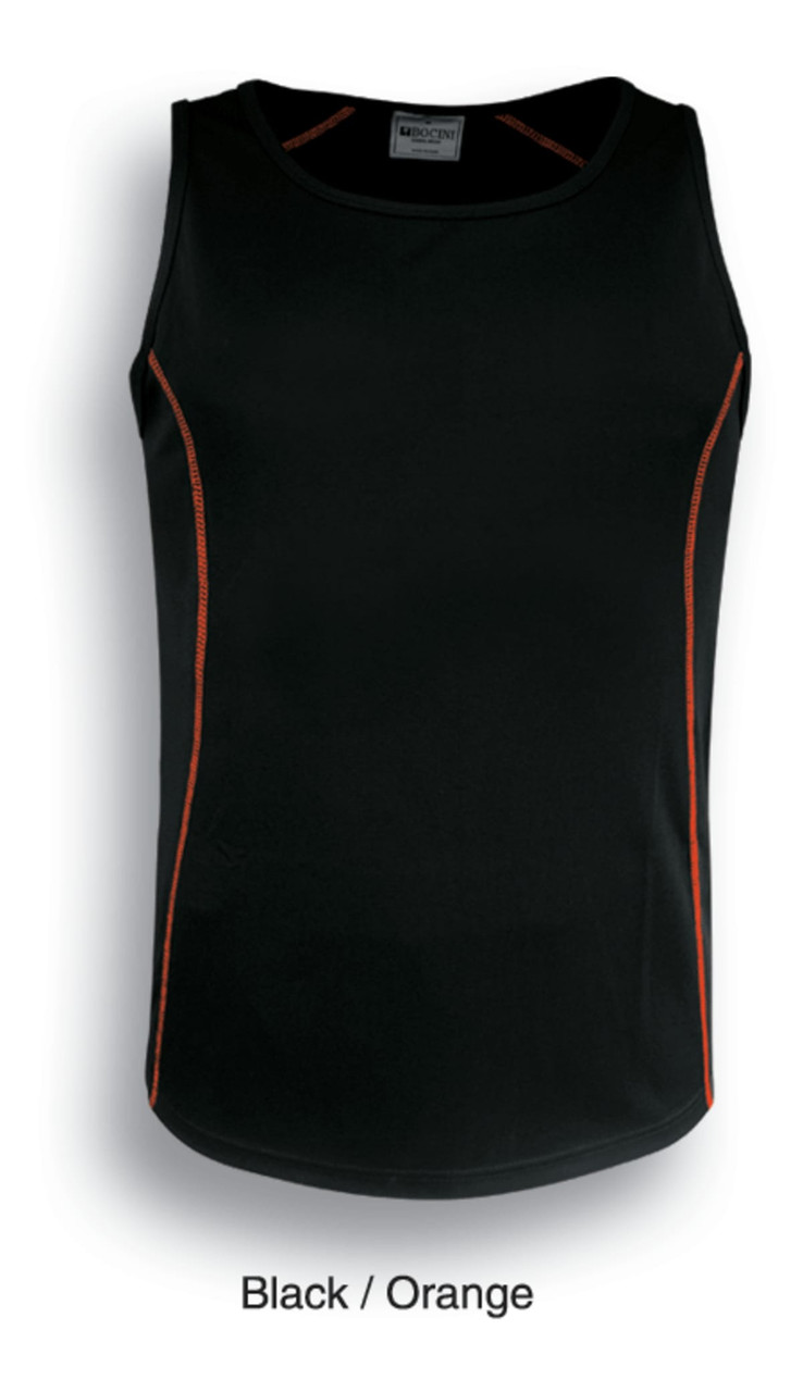 A black singlet with orange accents, featuring a logo on the upper front.