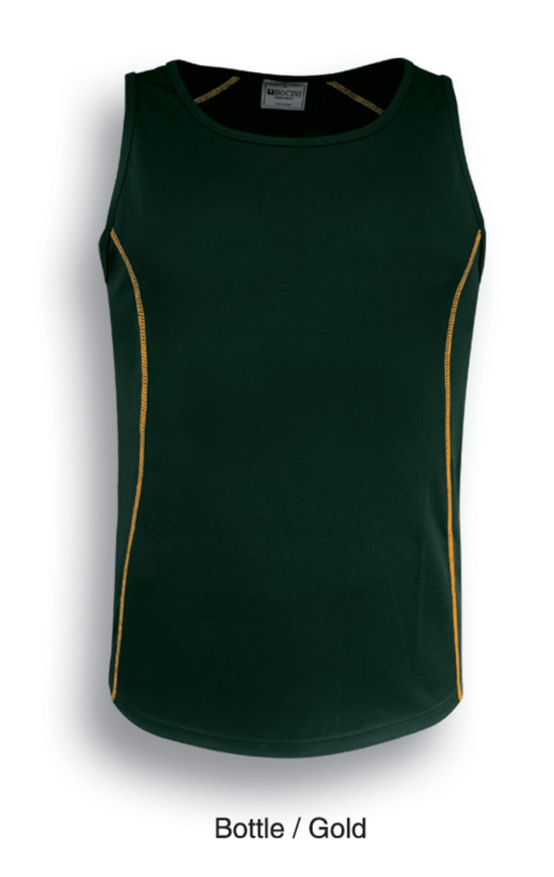 A green singlet with gold accents, featuring a logo. Ideal for casual wear or sports.