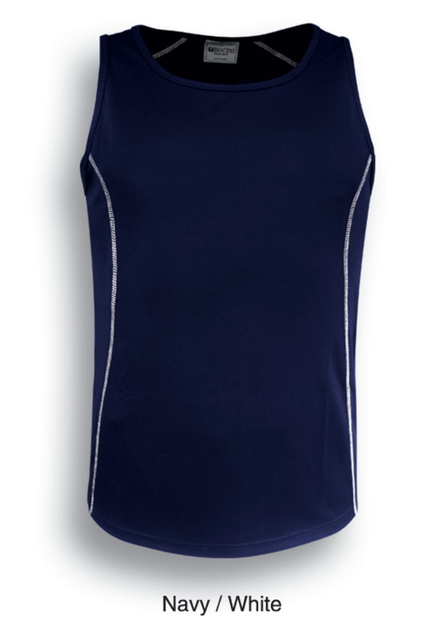 A navy singlet featuring white piping details, designed for kids, with a branded logo.