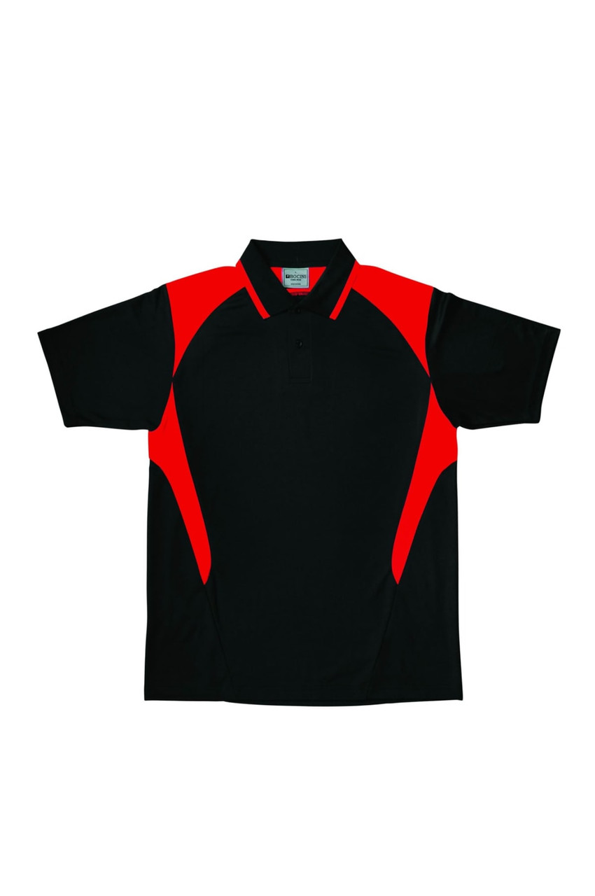A black polo shirt with red contrast panels and a logo on the front. Designed for unisex adults.