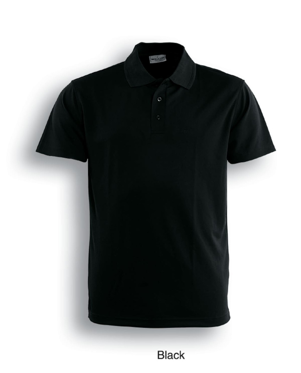 A black polo shirt with a collared neckline, featuring a button placket and branding logo.