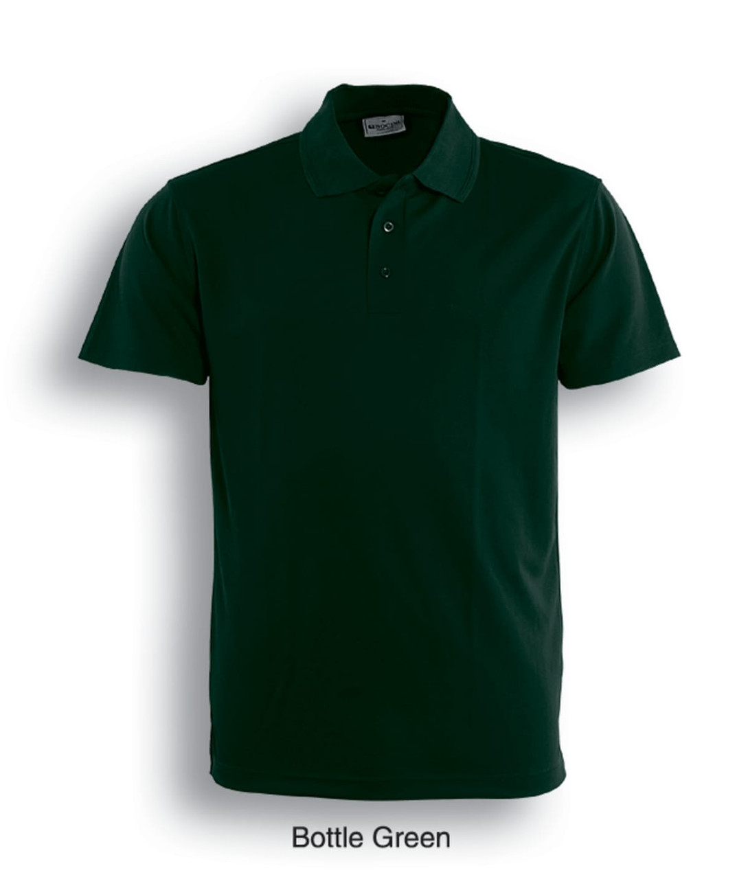 A dark green polo shirt featuring a collar and three buttons, with a logo on the chest.