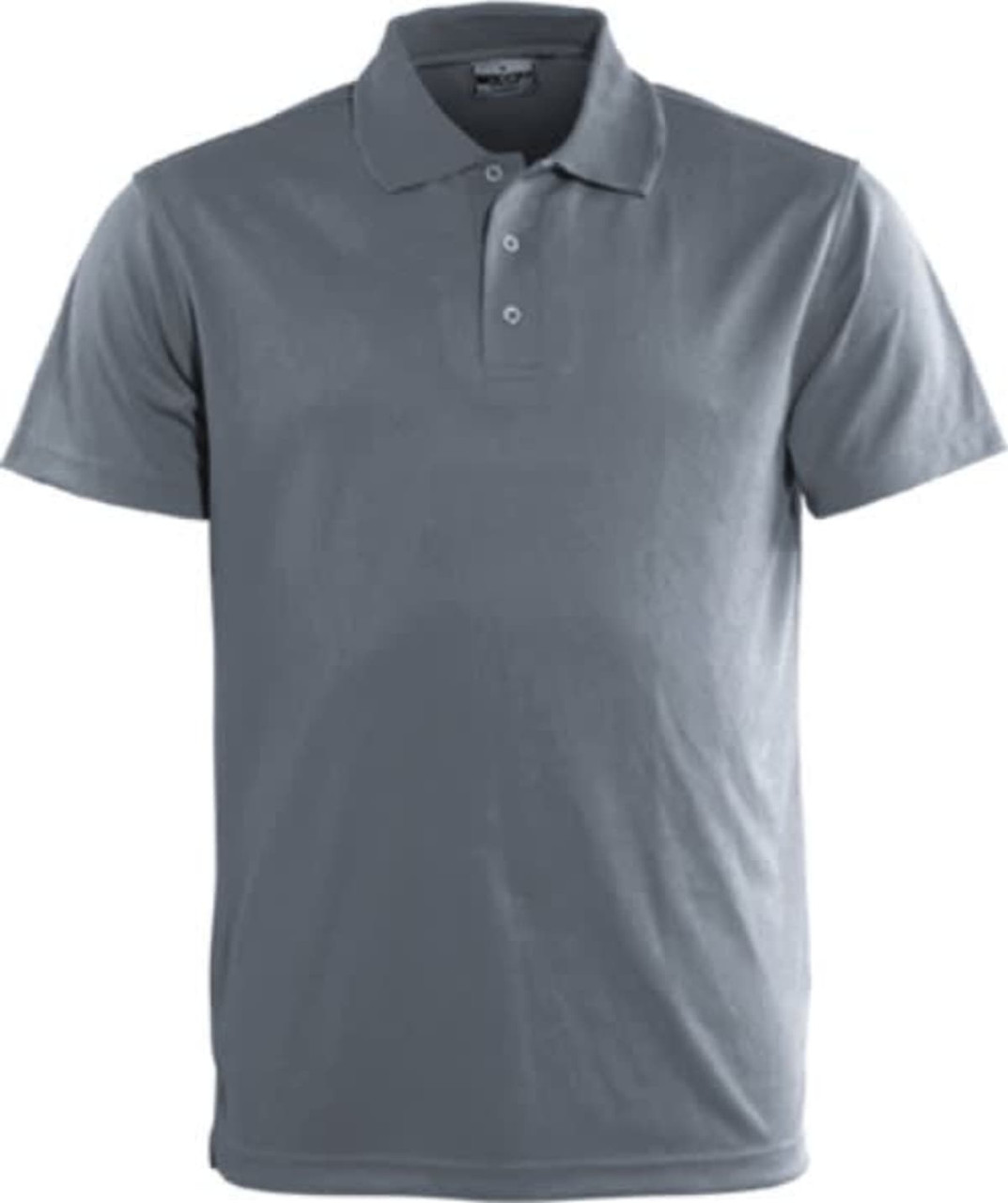 A grey polo shirt featuring a collar and three buttons, with a logo on the chest area.