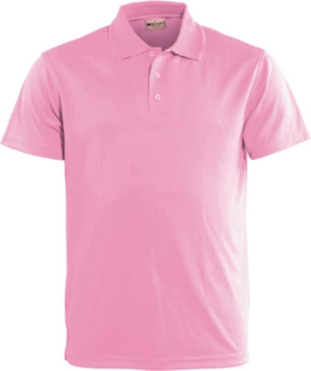 A pink polo shirt featuring a collar and three buttons, with a logo on the chest.