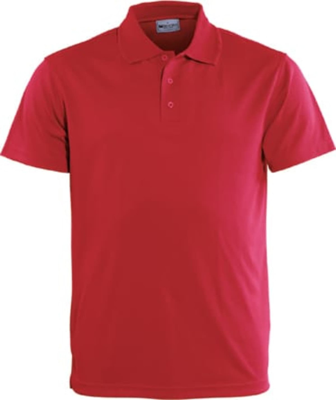 A red polo shirt with a collar and three buttons, featuring a logo.