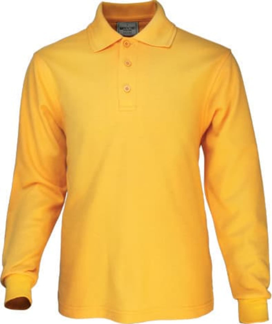 A long sleeve polo shirt in vibrant yellow with a collar and three buttons, featuring a brand logo.
