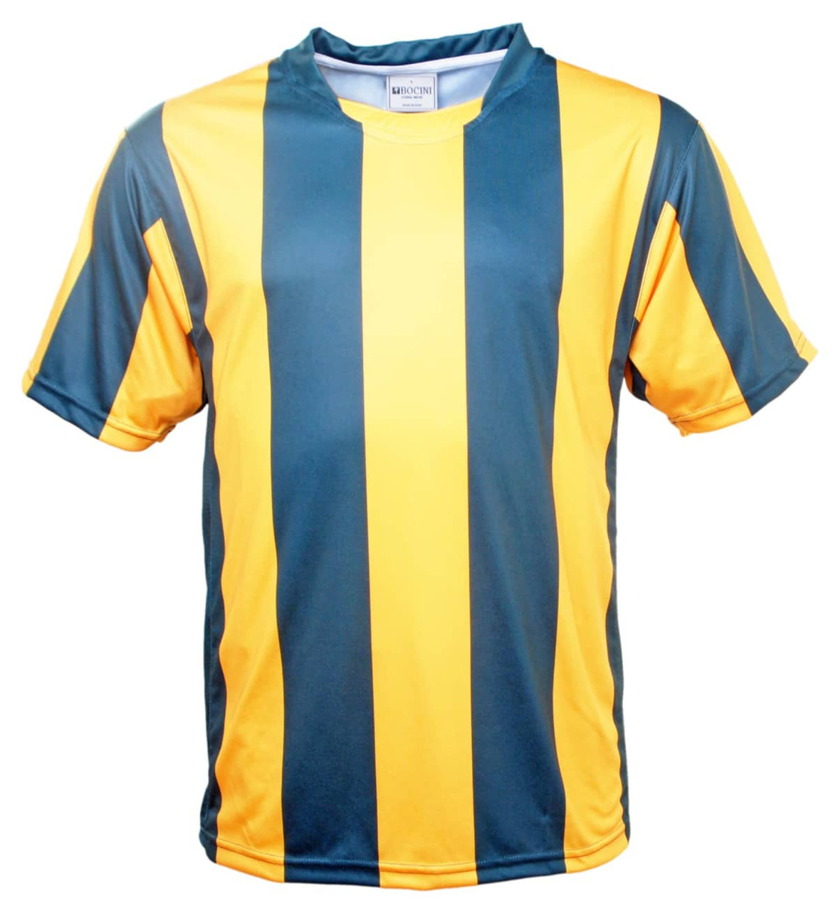 A striped football jersey featuring vertical blue and golden yellow stripes, designed for kids. It has a logo on the front.