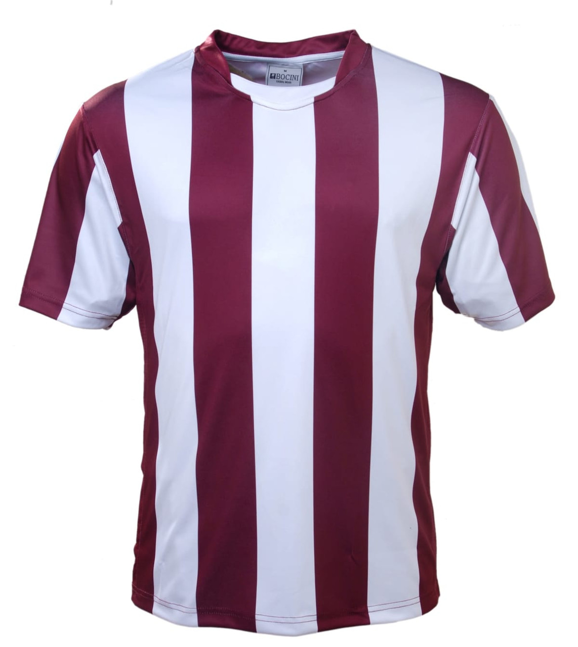 A burgundy and white striped football jersey with a crew neck and short sleeves, featuring a logo on the front.