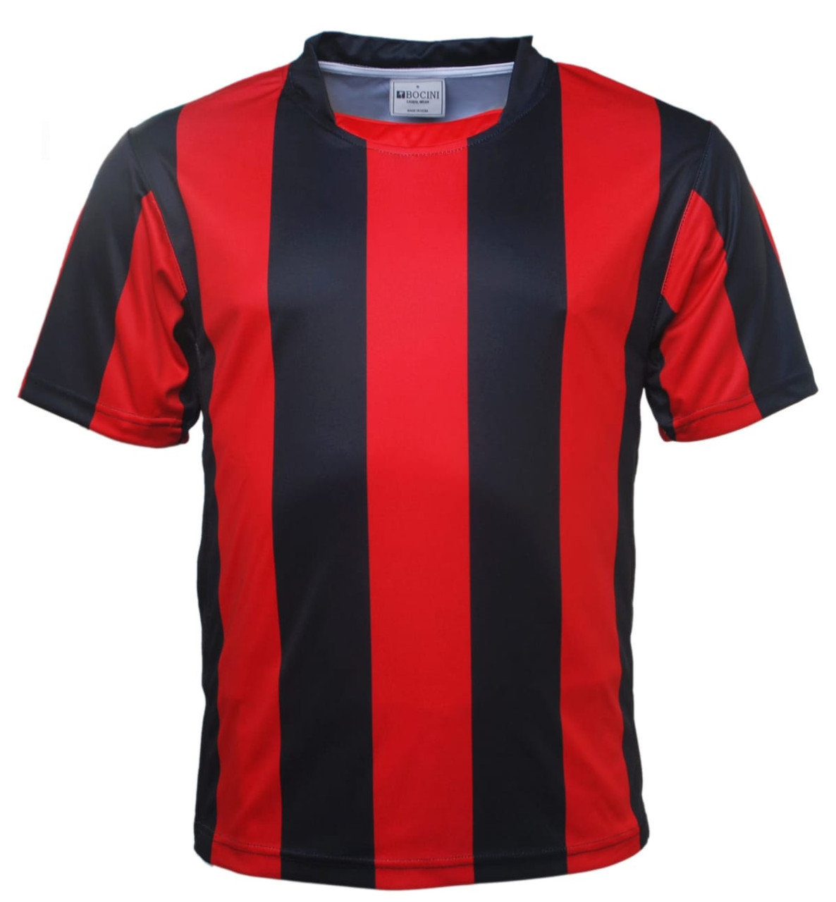 A red and black striped football jersey with short sleeves and a round neck. It features a logo on the chest.