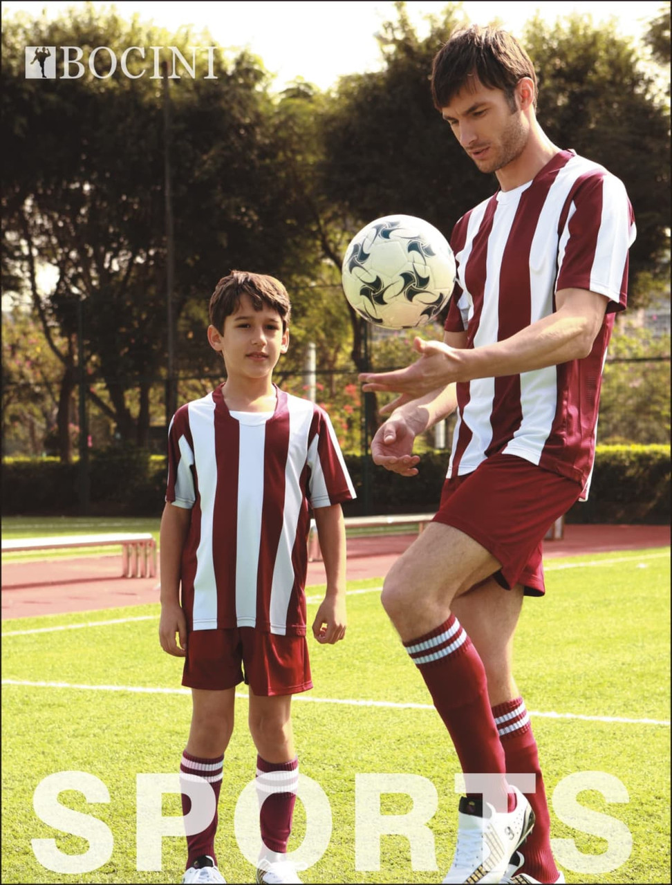 A unisex striped football jersey in red and white, worn by an adult and a child on a sports field, featuring a logo.