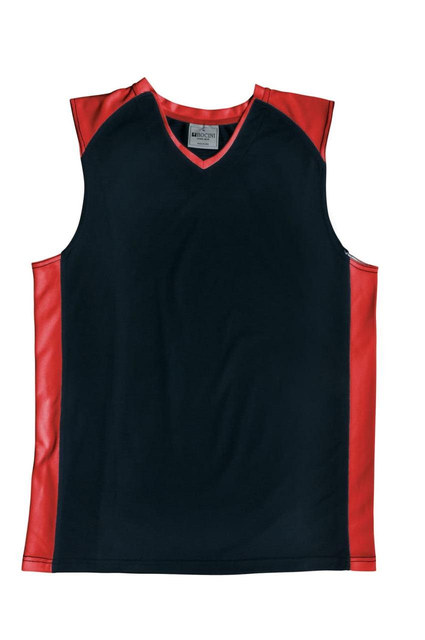 A kids' basketball singlet in navy blue with red accents, featuring a logo. Suitable for sports uniforms and jerseys.