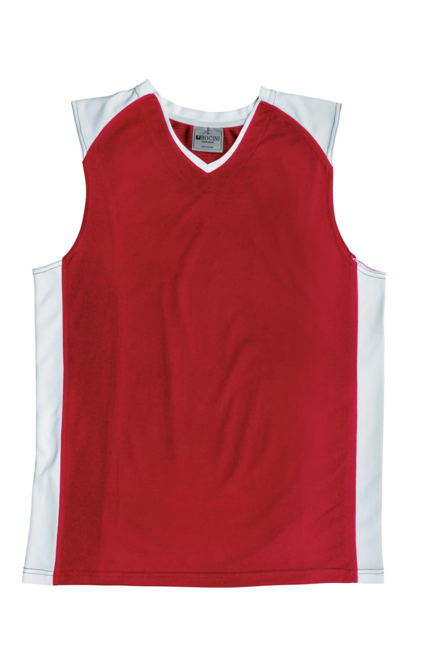 A red basketball singlet with white accents and a V-neck design. It features a logo on the interior label.