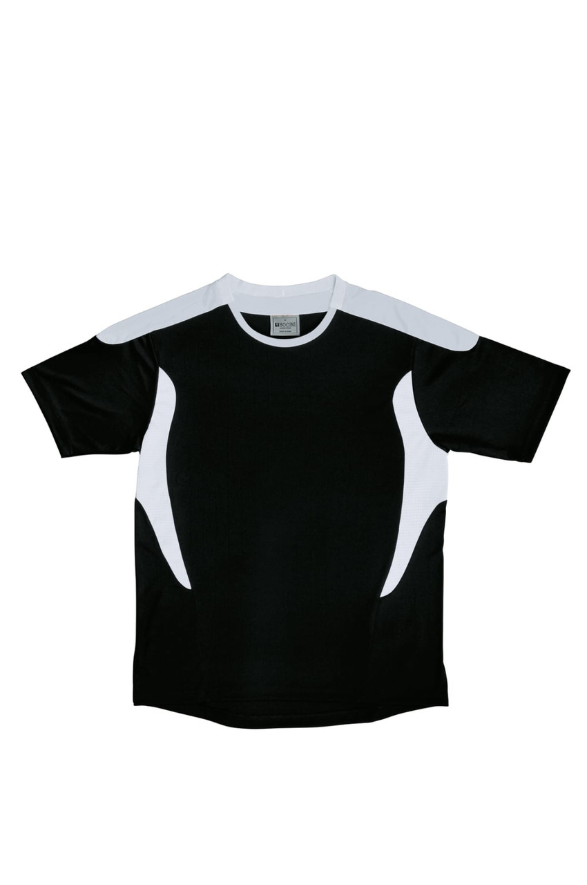 A unisex sports tee shirt in black with white accents and a logo, designed for athletic wear.