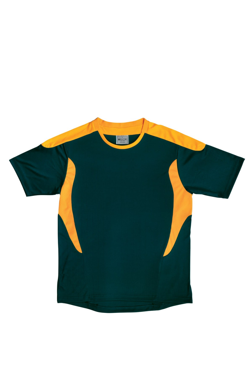 A green and yellow short-sleeve sports tee shirt featuring a logo and sporty design.