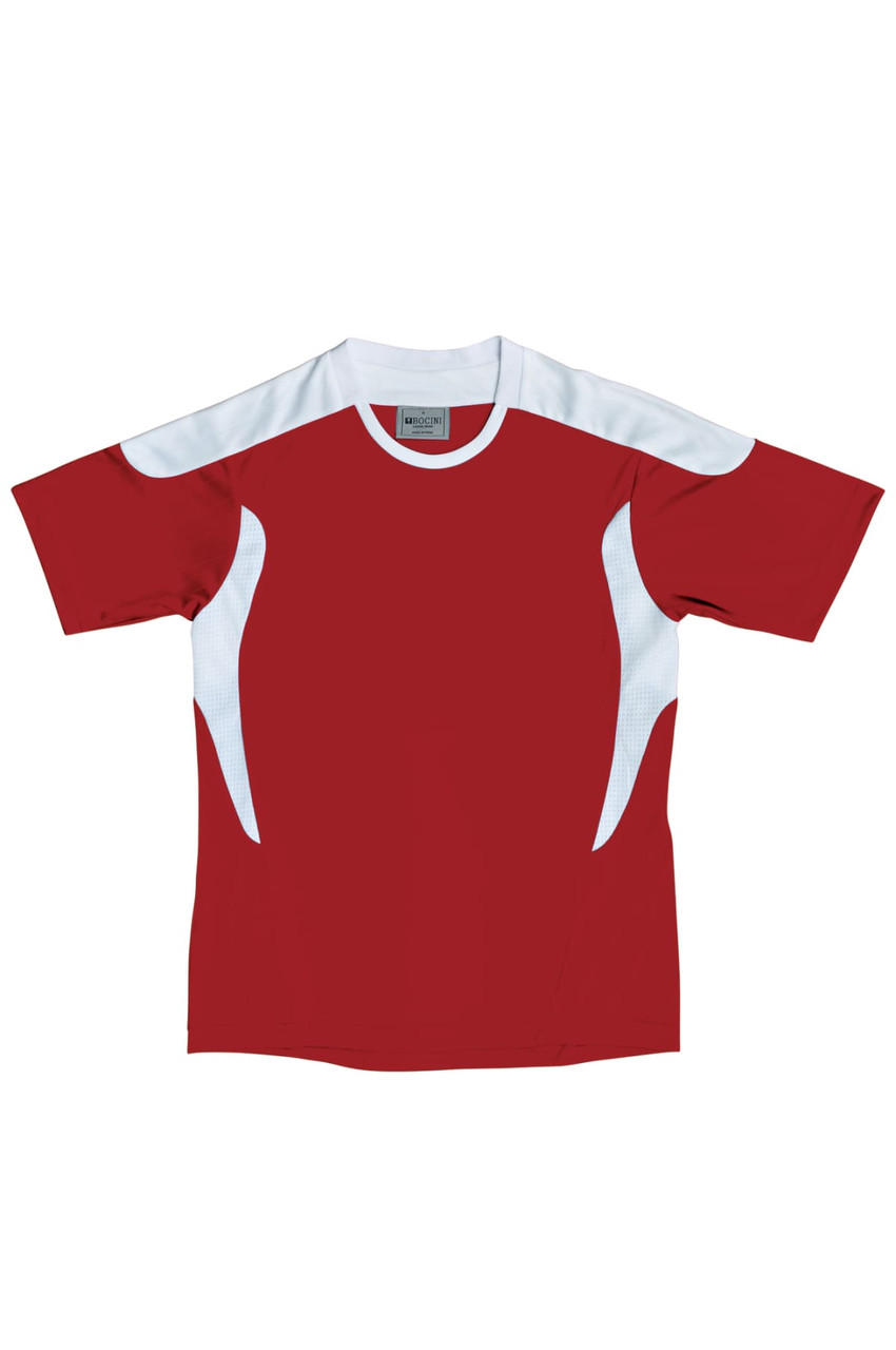 A red unisex sports tee shirt with white accents and a logo. Suitable for various athletic activities.