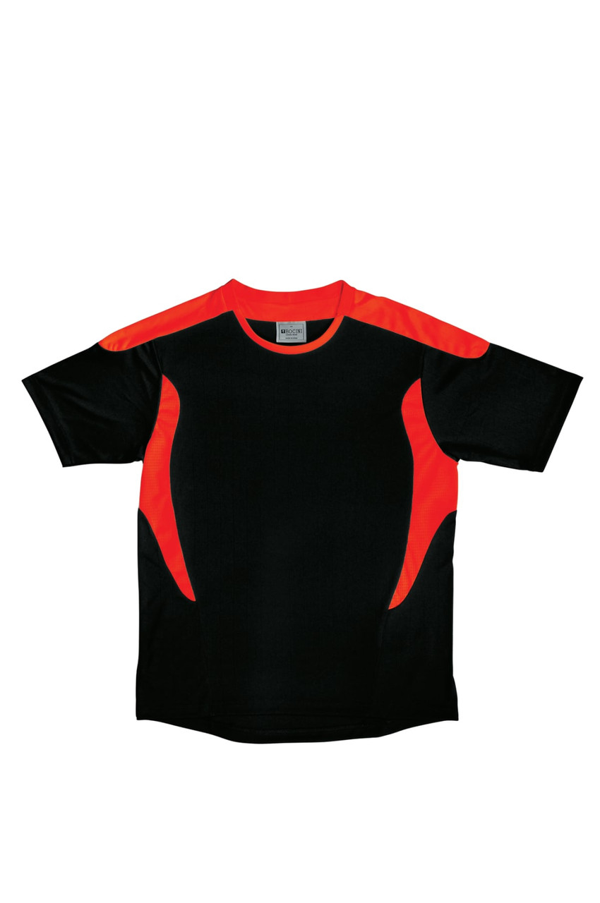 A black tee shirt with orange accents, designed for kids' sports uniforms, featuring a logo on the front.