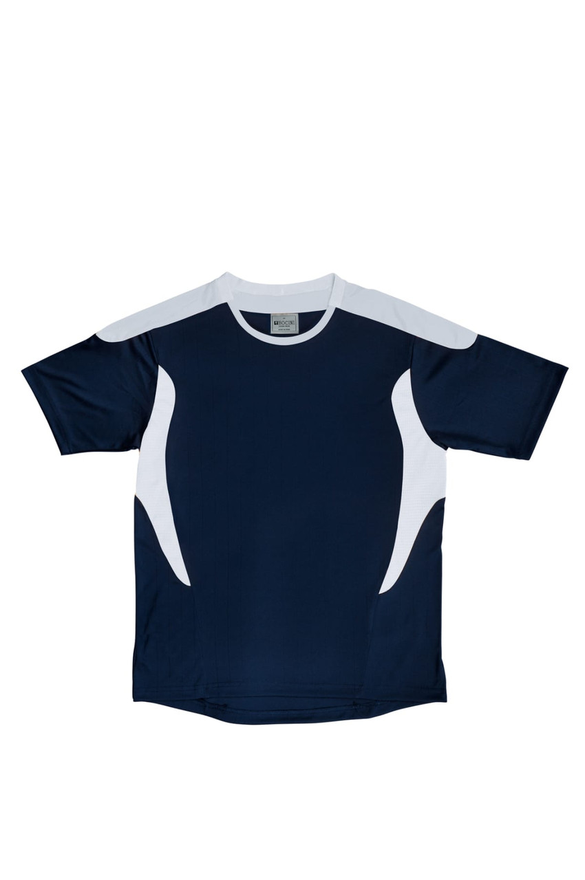 A navy blue and white sports tee shirt featuring a design with contrasting panel details and a logo.