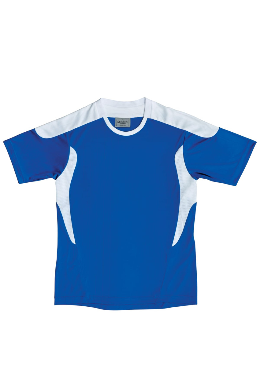 A blue and white sports tee shirt with short sleeves, featuring a logo on the front.