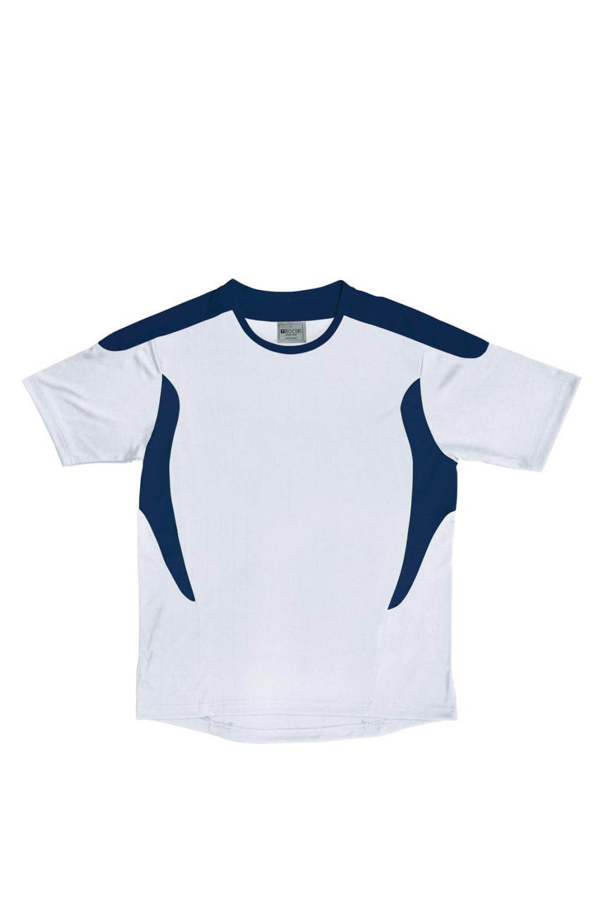 A white and navy blue kids' sports tee shirt featuring a logo and contrasting side panels.