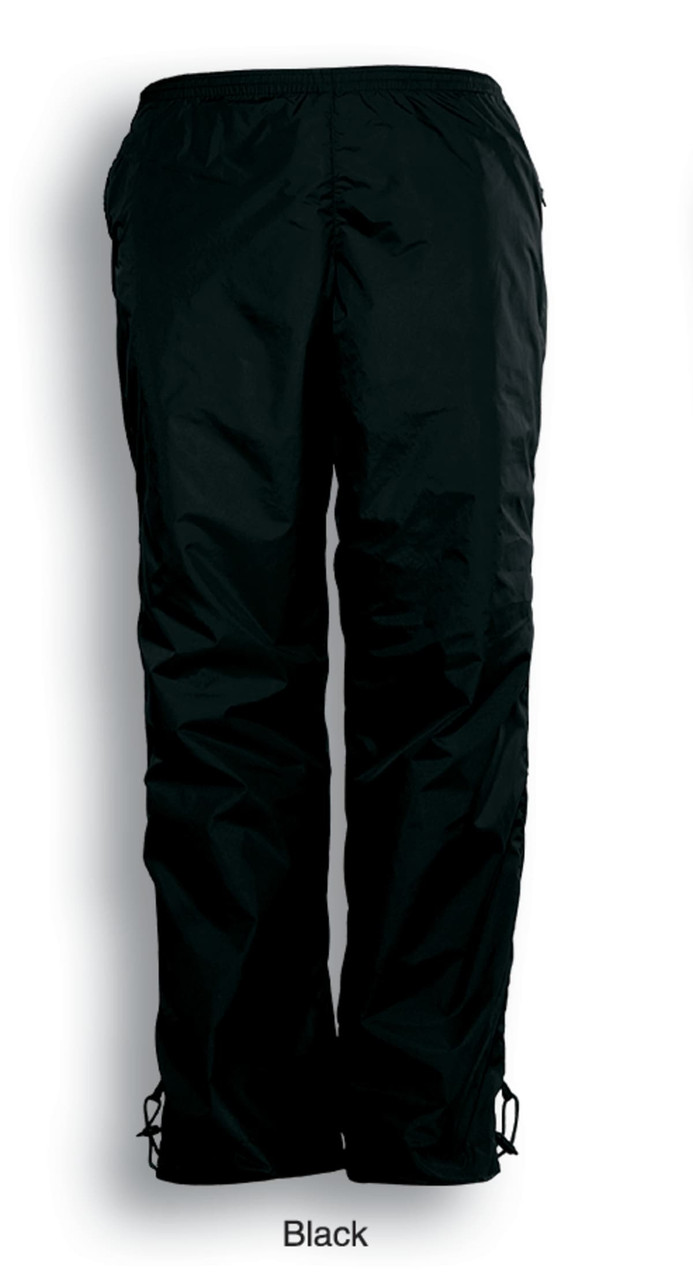 Black unisex training track pants with an elastic waist and adjustable cuffs, featuring a logo.