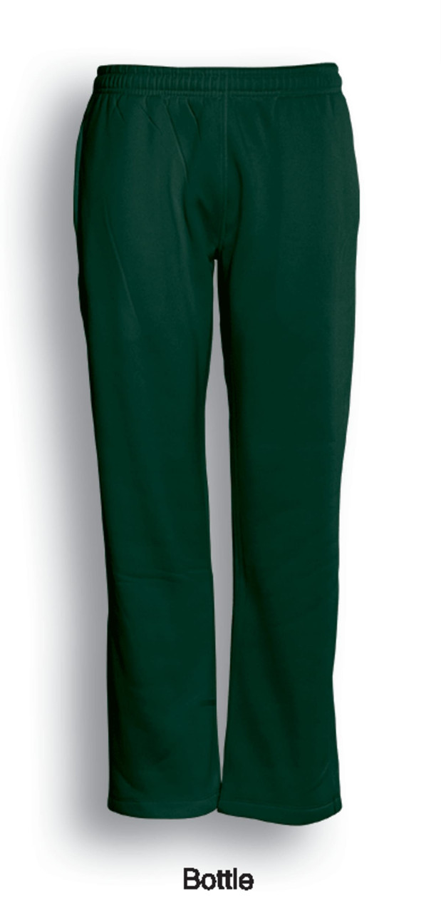 Kids’ track pants in a bottle green colour, featuring an elastic waist and a simple design. Includes a logo.