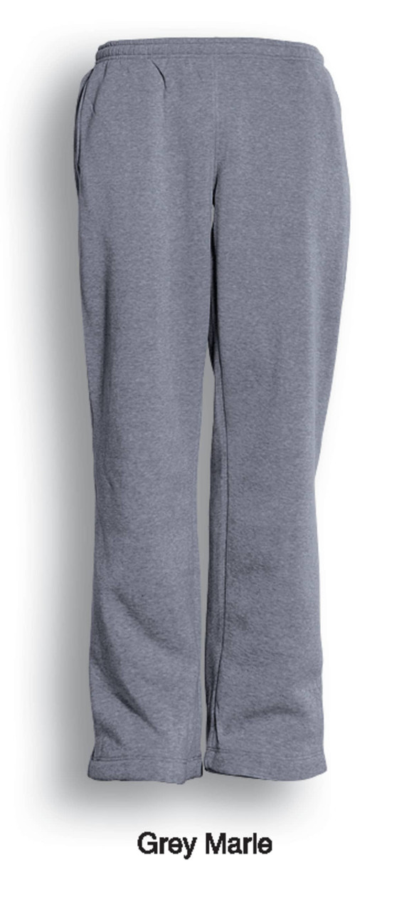 Grey marle elastic waist track pants with side pockets and a casual fit. Features a brand logo.