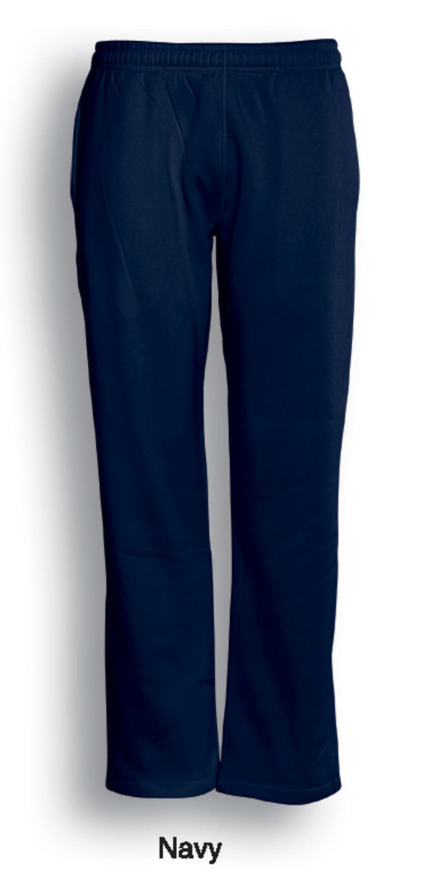 Navy unisex elastic waist track pants with a streamlined design. Features a logo on one side.