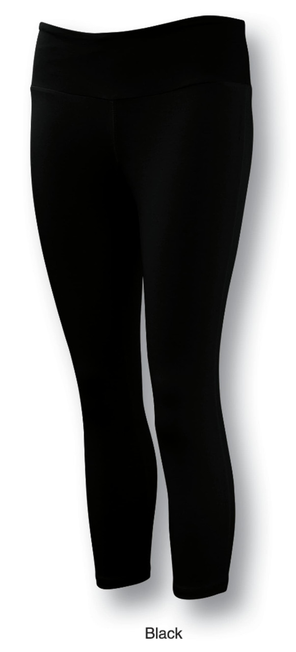 Black 3/4 tights for women, featuring a high waistband and a sleek leggings design. Includes a logo.