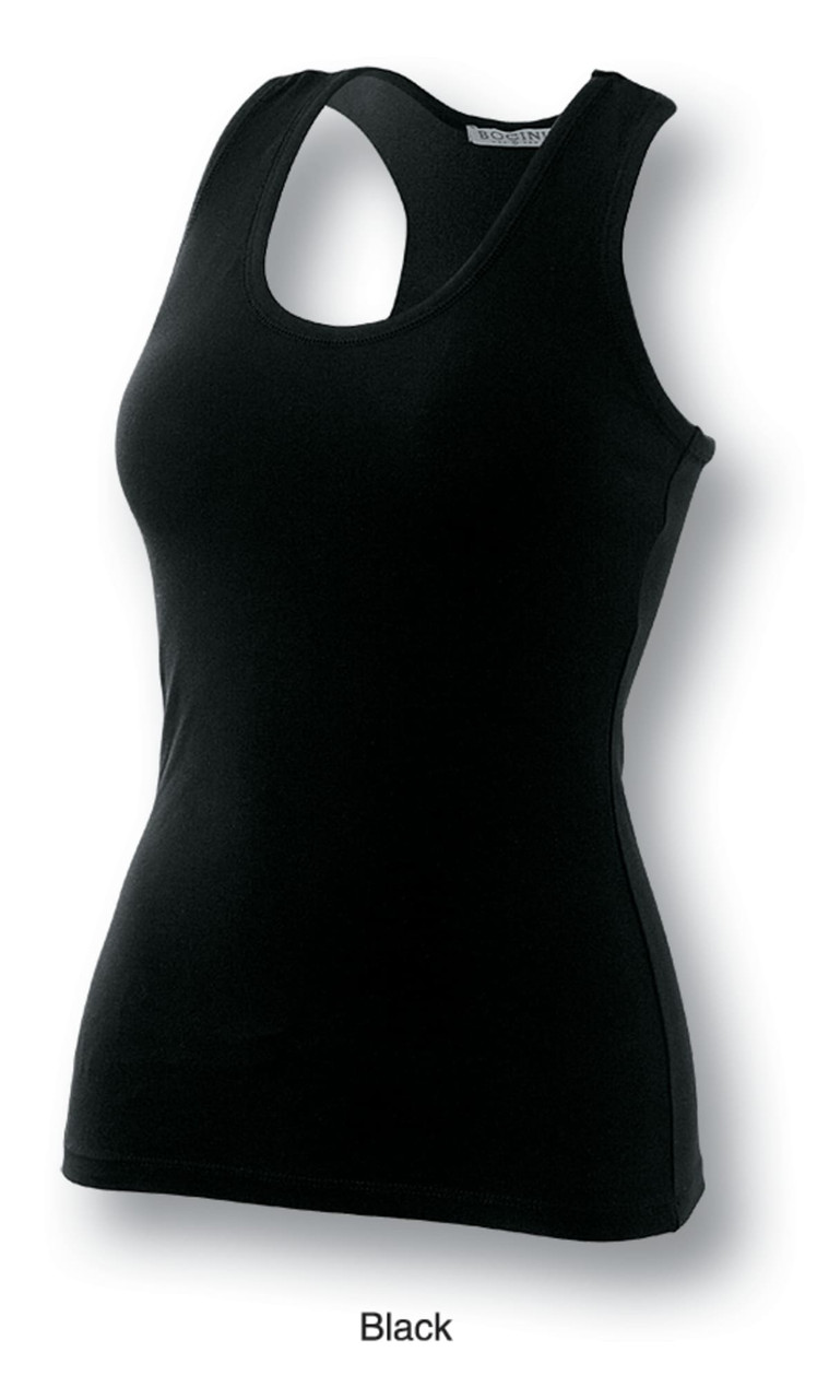 A black ladies gym singlet featuring a scoop neck and a fitted silhouette, with a logo on the label.