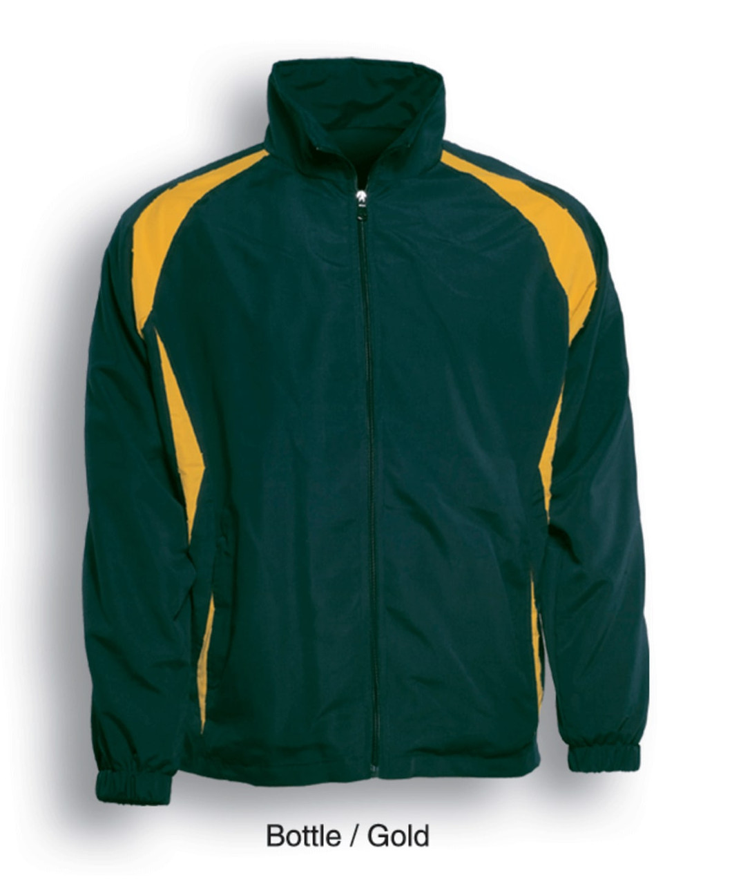 A bottle green and gold unisex adults training track jacket with a zip front and elasticated cuffs.