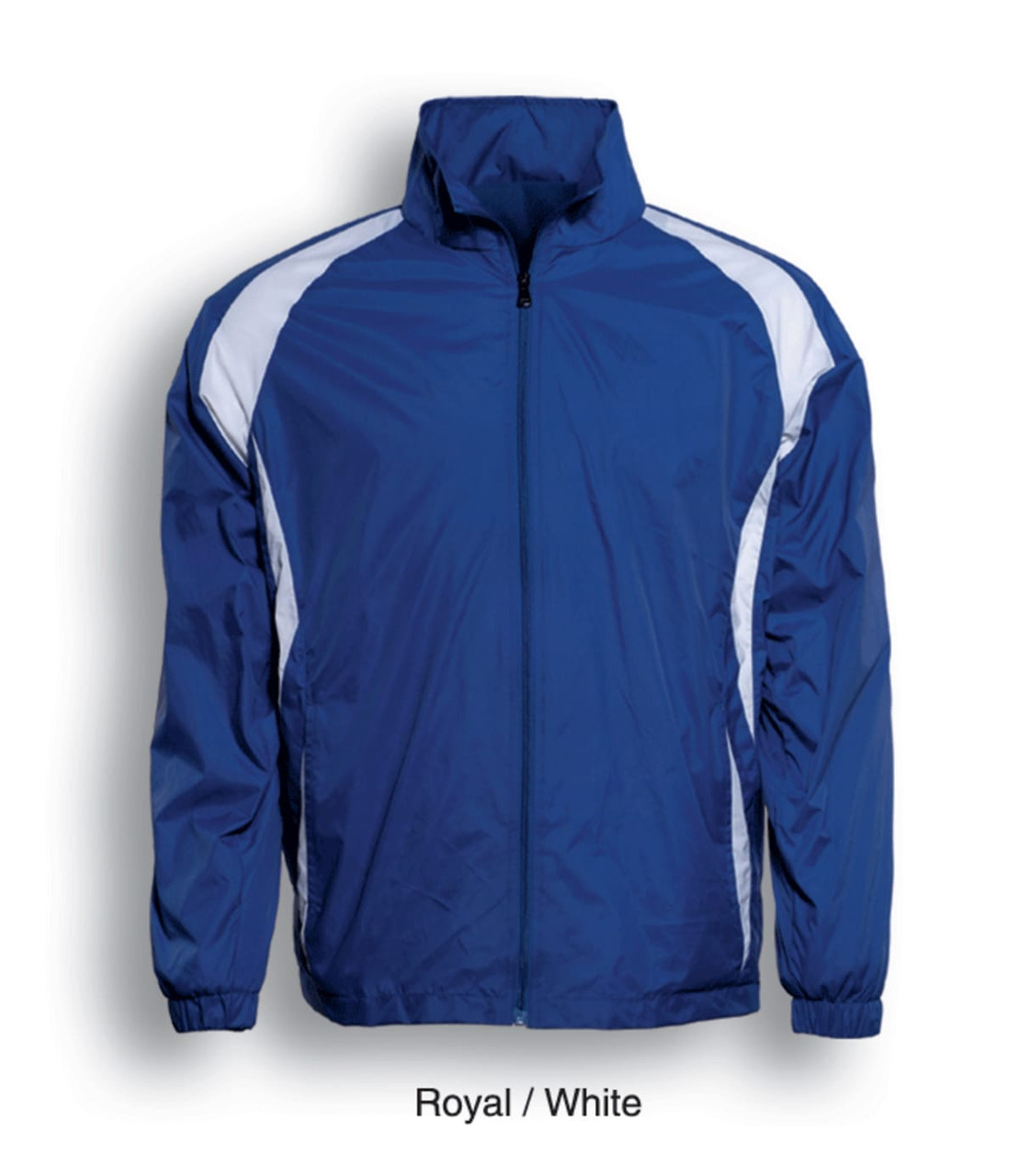 A blue and white unisex track jacket with a zip front and elastic cuffs. Features a logo on the front.