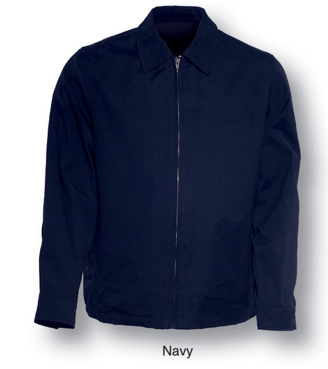 A navy unisex canvas jacket with a front zip and long sleeves, featuring a collar and branding.