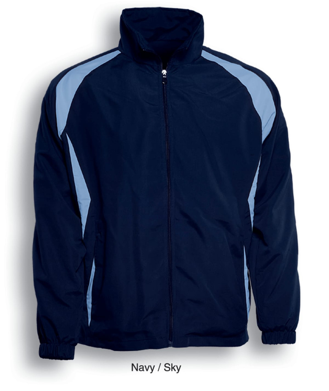 A navy and sky blue kids' training track jacket featuring a zip front and a logo.