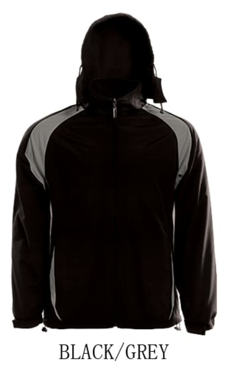 A black and grey unisex reversible sports jacket with a hood, featuring contrasting panels and a logo.