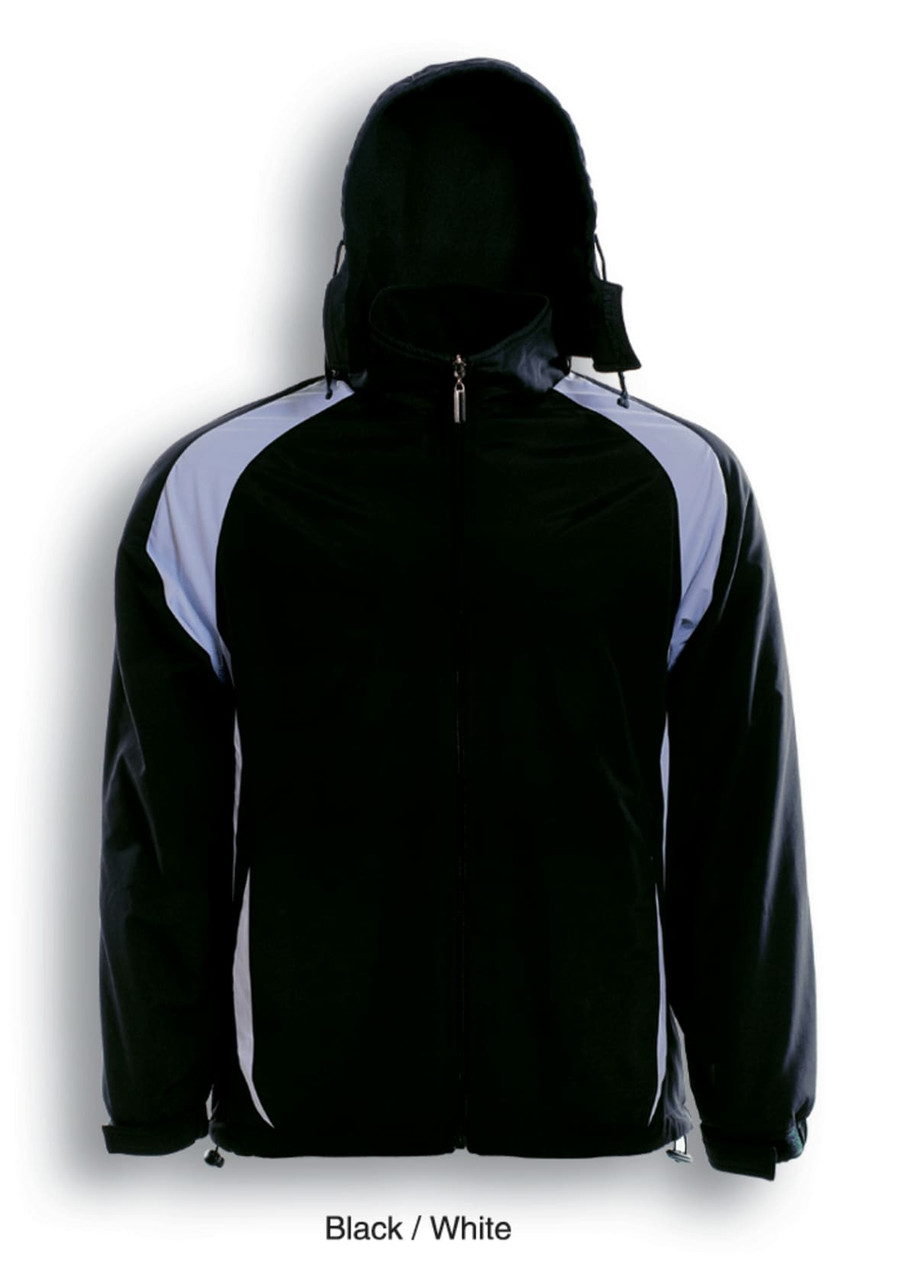 A black and white reversible sports jacket with a hood and contrasting side panels, featuring a logo.