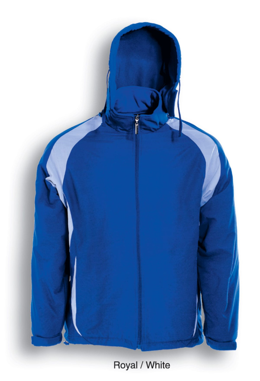 A reversible sports jacket in royal blue and white with a hood and a zippered front. It features contrasting side panels and a logo.