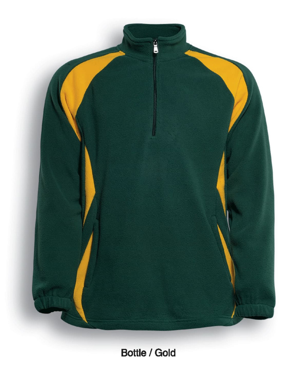 A bottle green and gold unisex adults 1/2 zip sports pullover fleece jacket with a logo.