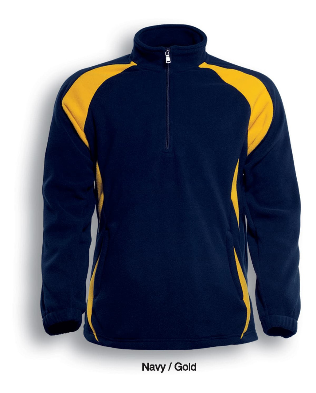 A navy and gold unisex fleece pull-over jacket with a half zip and a logo on the chest.