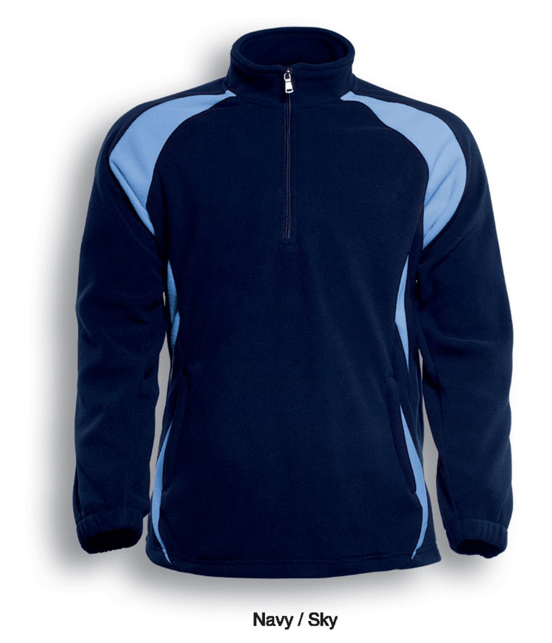 A navy and sky fleece pullover with a half zip and contrasting shoulder panels. It features a logo.