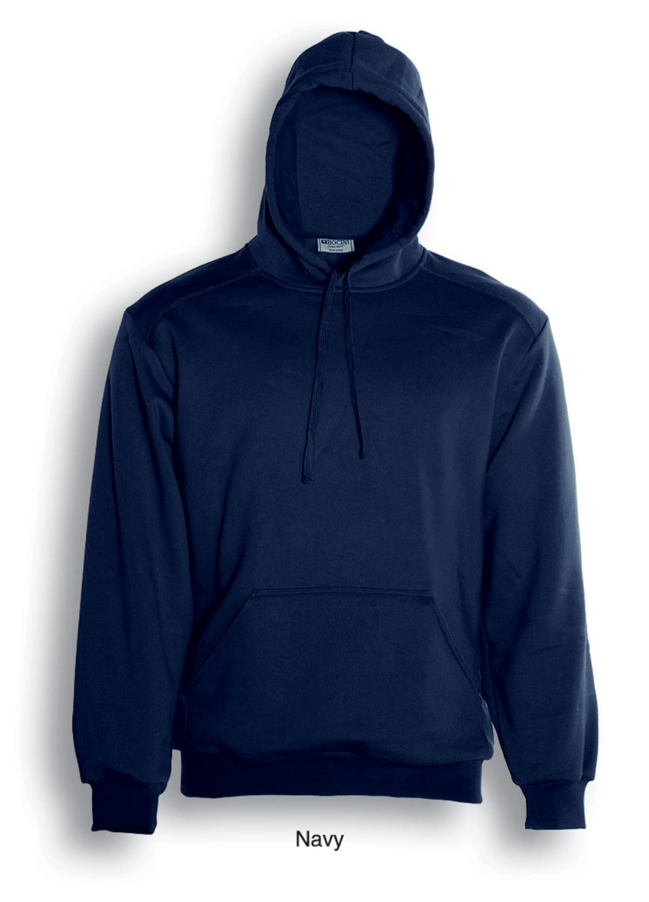 A navy pull-over hoodie with a kangaroo pocket and a hood, featuring a branding logo.