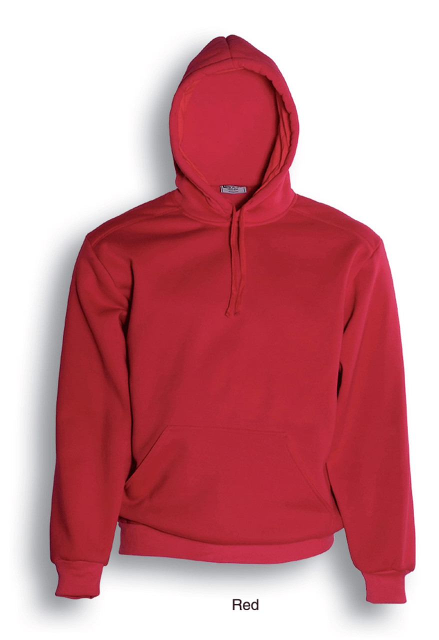 A red kids' pullover hoodie with a front pocket and a hood. It features a logo on the front.