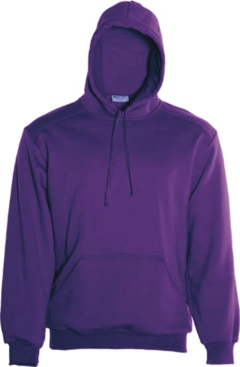 A purple kids' pull-over hoodie featuring a hood and a front pocket, with a logo present.
