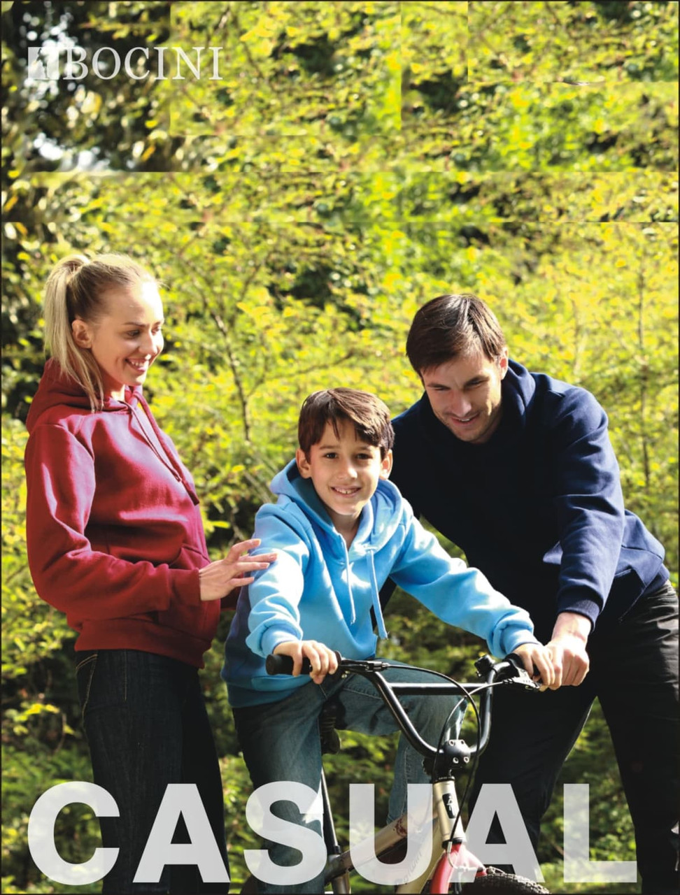 A kids pull over hoodie in blue, worn by a boy riding a bike, alongside a woman and a man in red and navy hoodies.