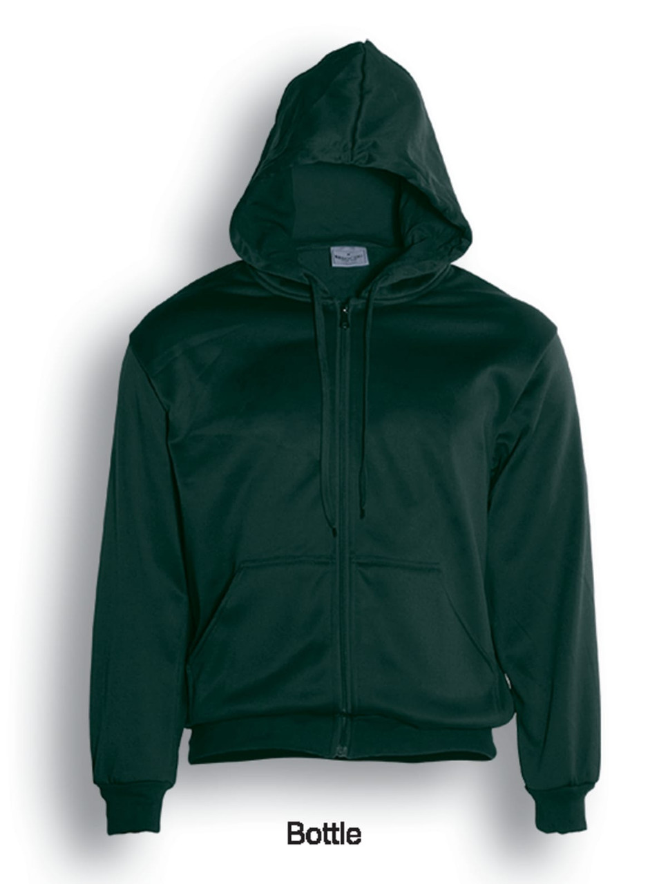 A dark green fleece hoodie with a zip front and a hood, featuring a logo on the chest area.