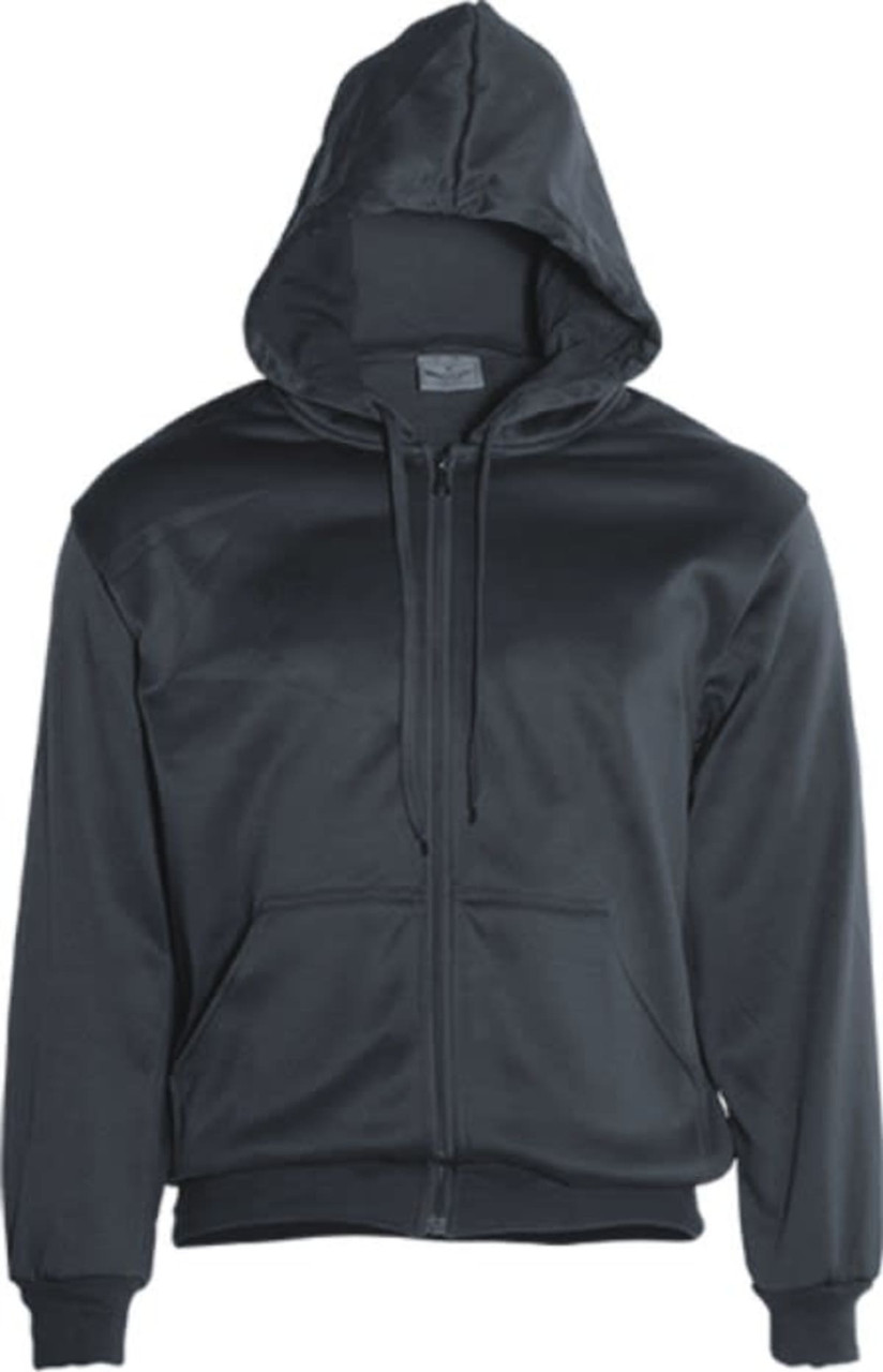 A black fleece hoodie with a zip front and a hood, featuring side pockets and a logo.