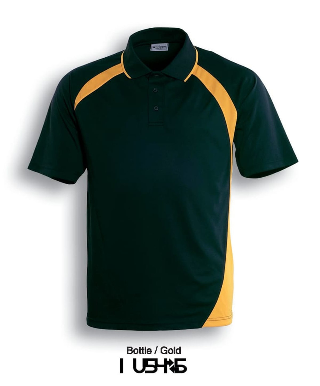A unisex dynamic polo shirt in bottle green and gold with a logo on the chest.