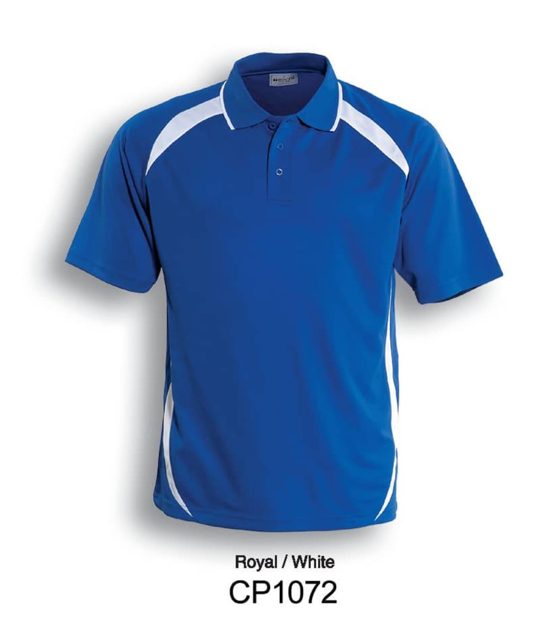 A royal blue polo shirt with white contrast detailing and a logo. Short sleeves and a classic collar design.